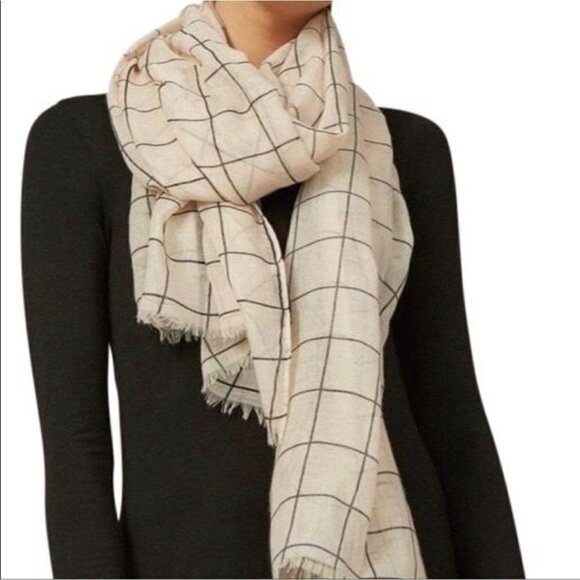 Rachel Pally New Cream Grid In Natural Window Pane Fringe Scarf 73" X 31" - Picture 1 of 4